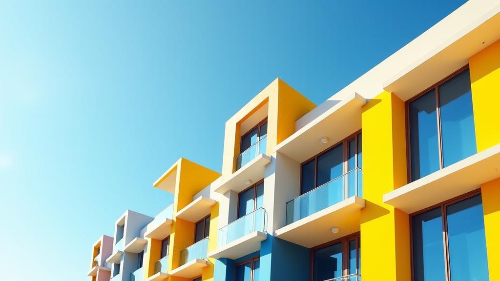 Moderne Fassade eines Gebäudes mit leuchtenden Farben und architektonischer Eleganz