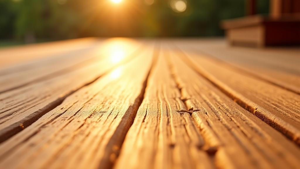 Holzterrasse, die mit einer schützenden Lasur behandelt wurde und ihren natürlichen Glanz bewahrt